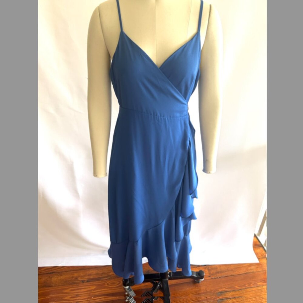 Lulu's Blue wrap dress. Great as a wedding guest dress.